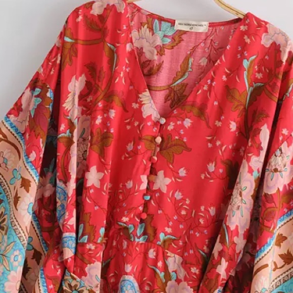 Bohemian Red Floral Gypsy Kimono Long Maxi Dress - Picture 14 of 16